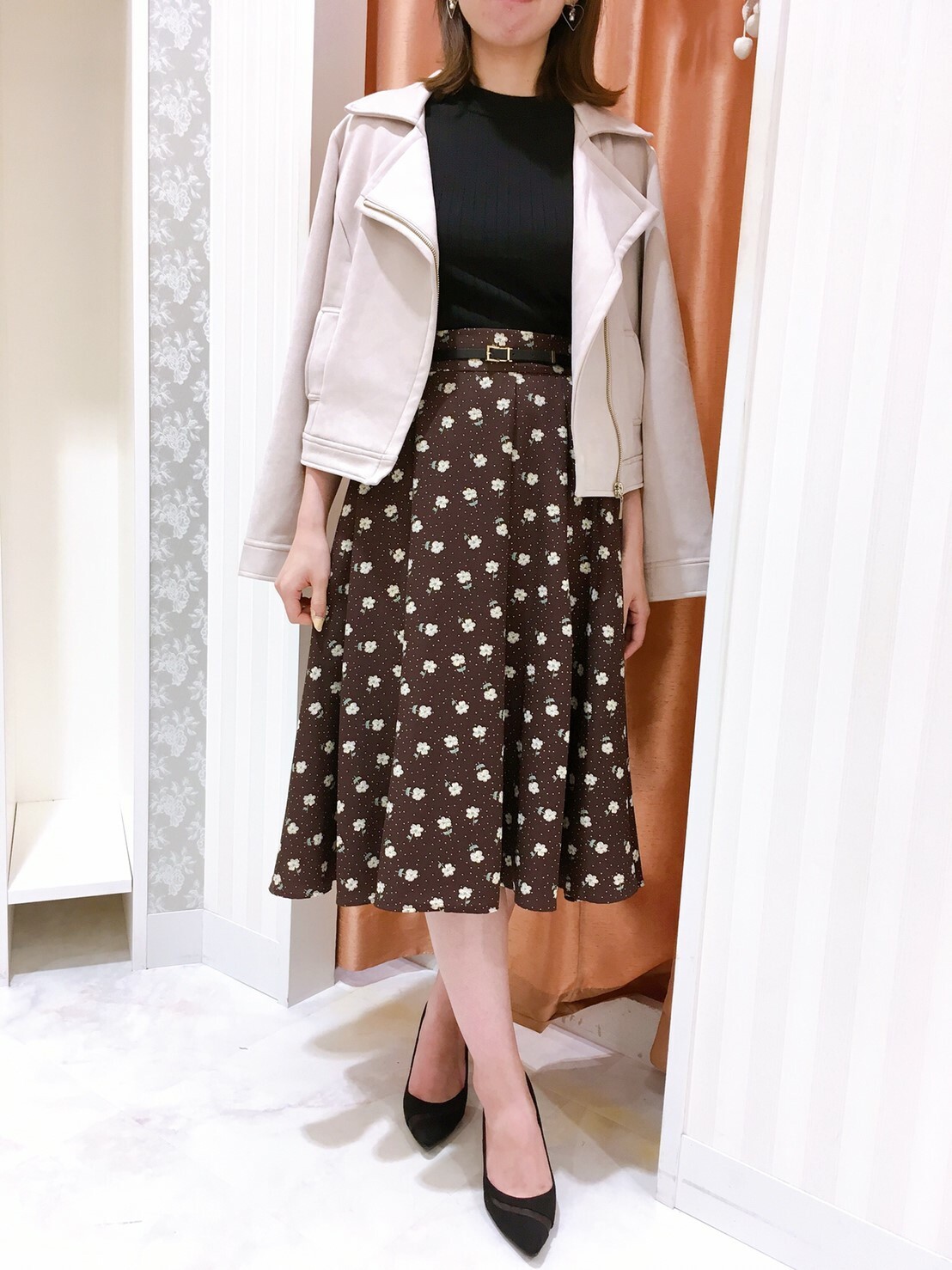 【sale】ベルト付き花柄ドットスカート