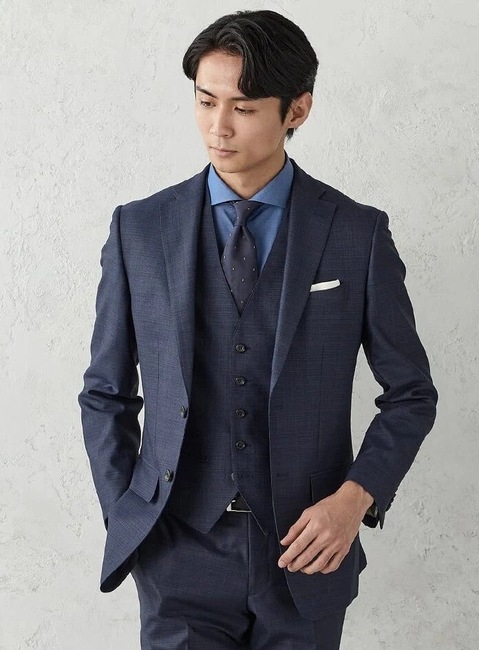 光沢スリーピーススーツ【クラシコ】無地　ブラック/ネイビー