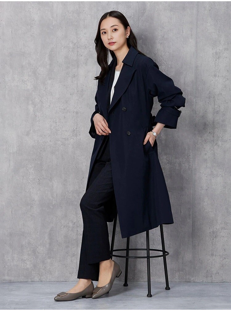 ツイルストレッチ　ライナー付き　Aライントレンチコート　ベージュ/ネイビー