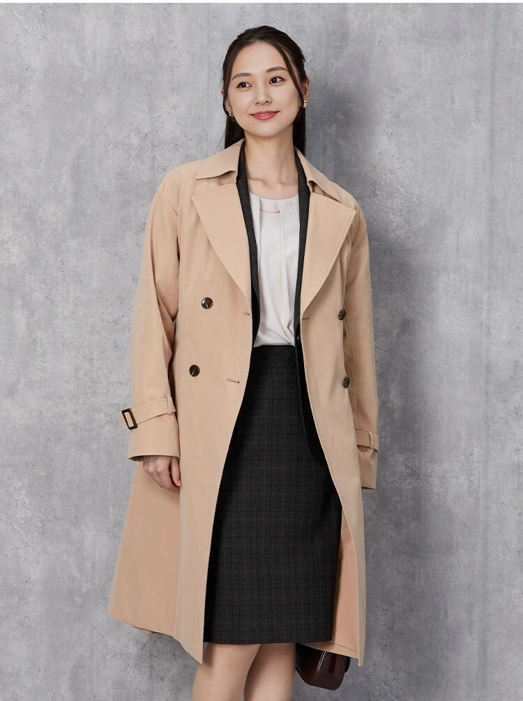 ツイルストレッチ　ライナー付き　Aライントレンチコート　ベージュ/ネイビー