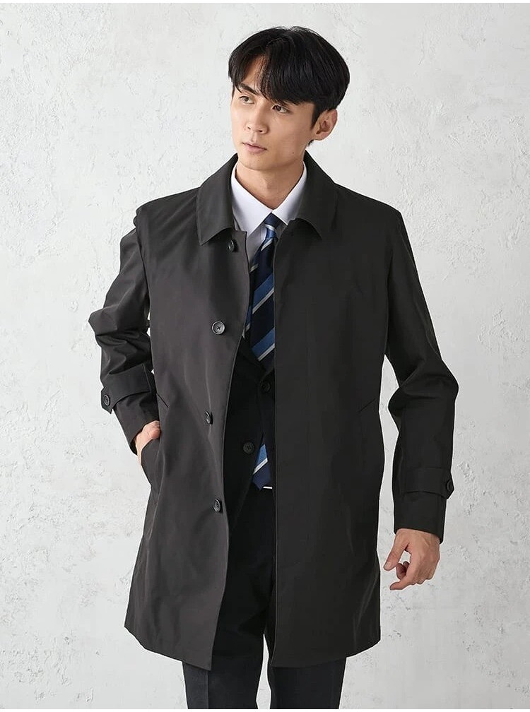 無地ステンカラーコート　脱着ライナー付き　ブラック