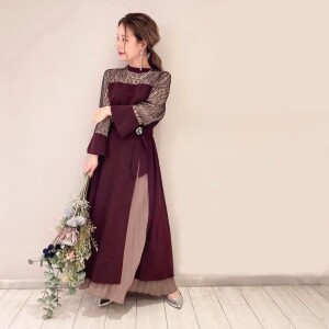 プリーツスカート付レイヤードスリットワンピース