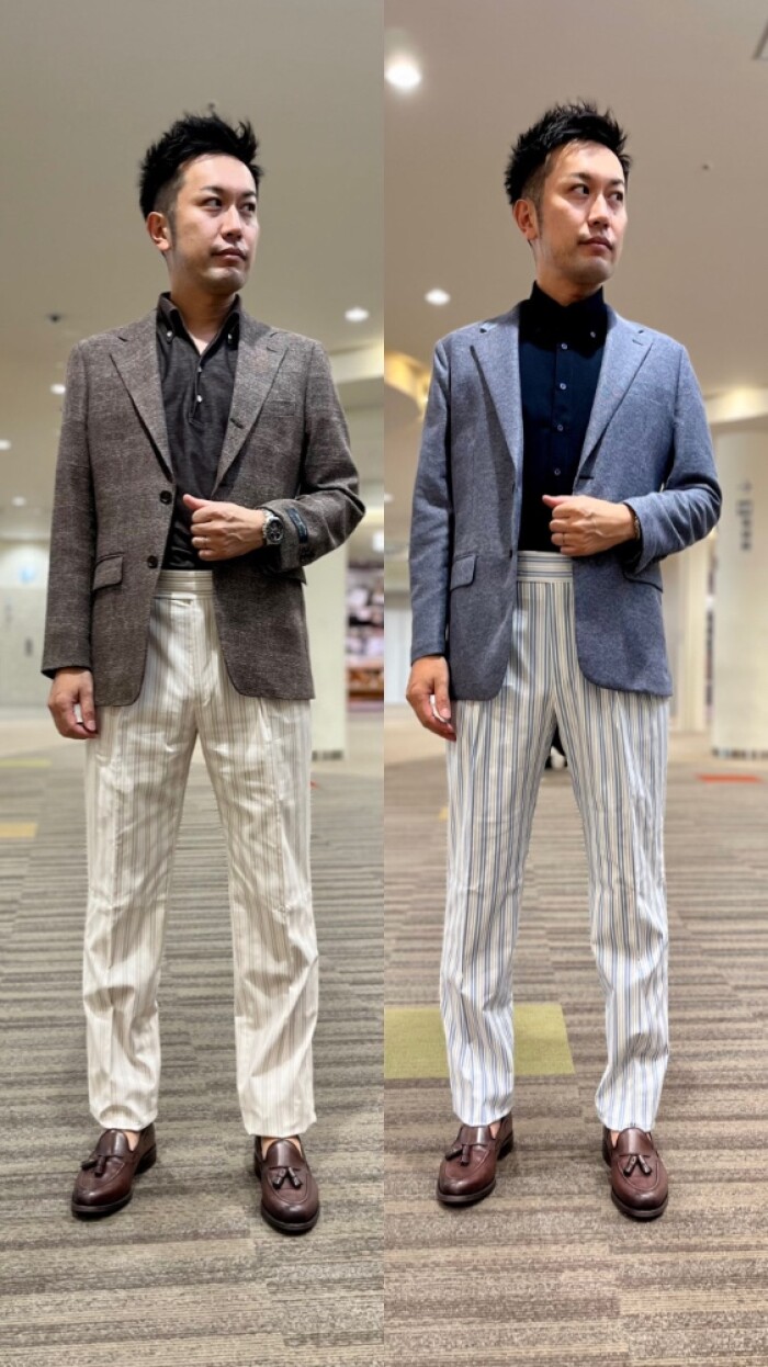 【Tollegno社】サイドアジャスター付きストライプツータックパンツ
