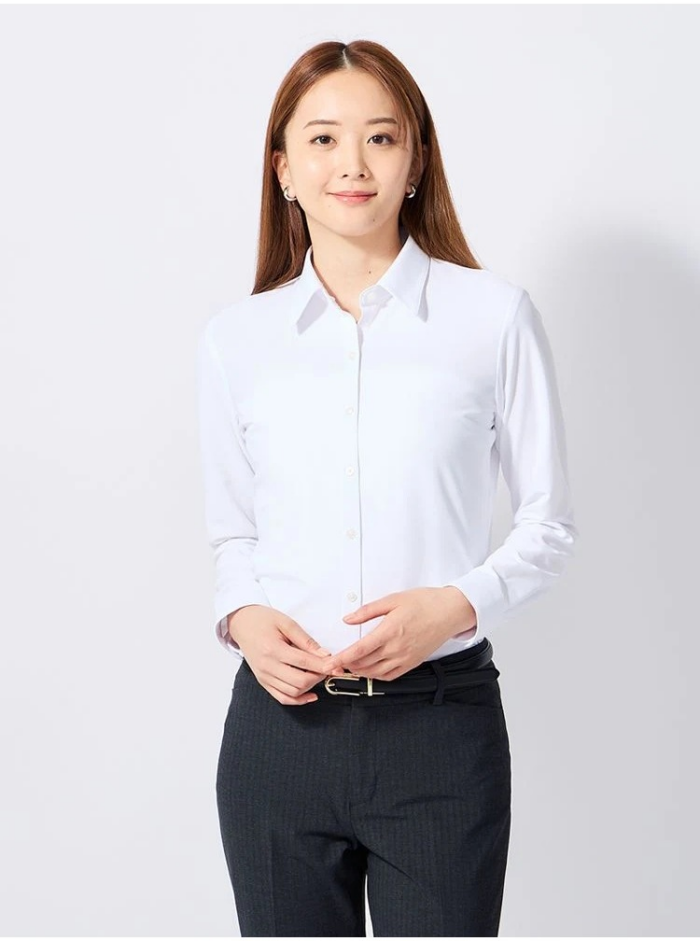 <完全ノーアイロン>アイシャツブラウス 無地 レギュラー ホワイト