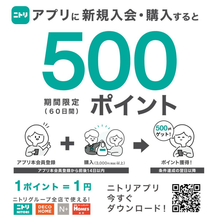 ニトリアプリに新規入会・購入で500ポイント！