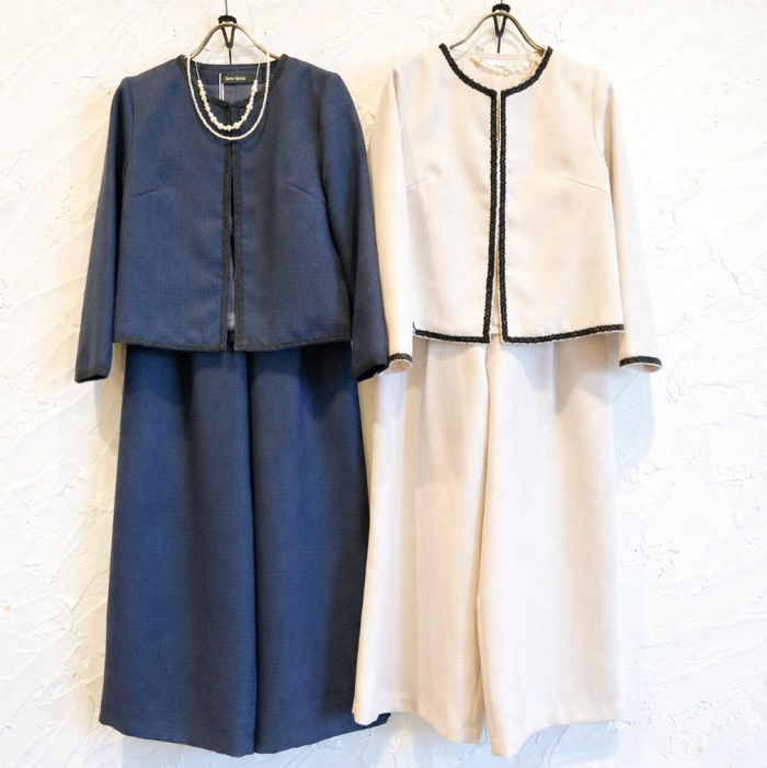 ノーカラーツイードジャケット&ワイドパンツ セットアップスーツ