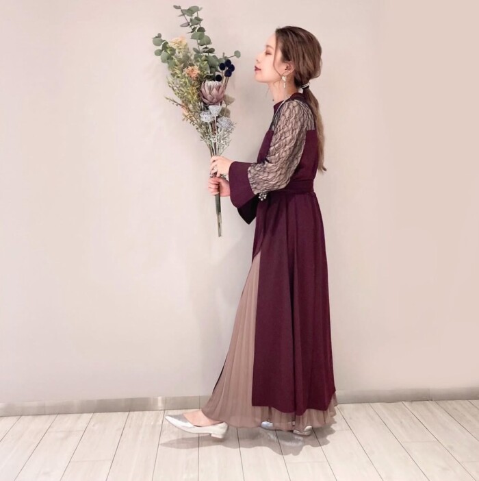 プリーツスカート付レイヤードスリットワンピース